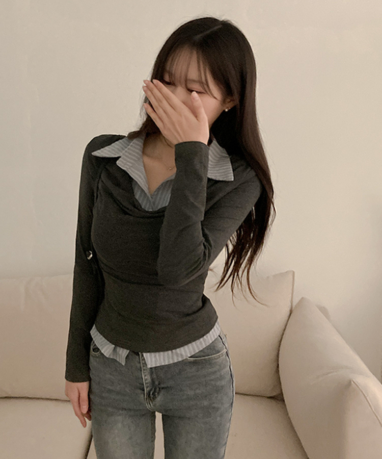 사라 셔츠 드레이프 레이어드 티셔츠 차콜