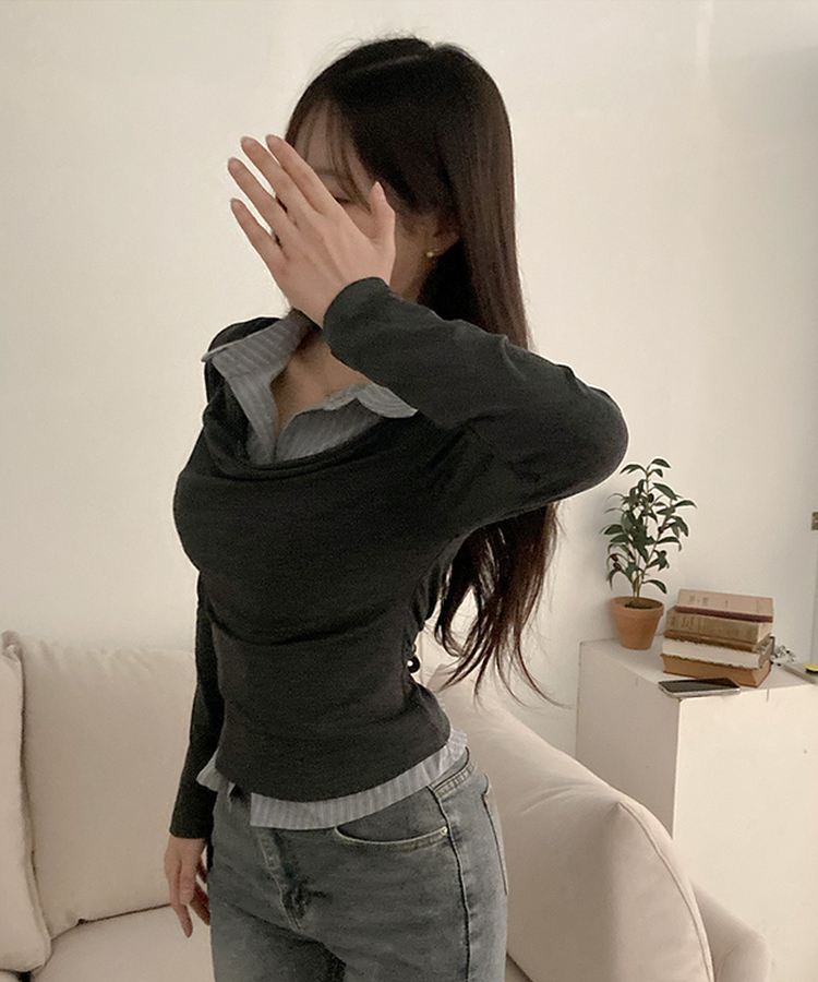사라 셔츠 드레이프 레이어드 티셔츠 차콜