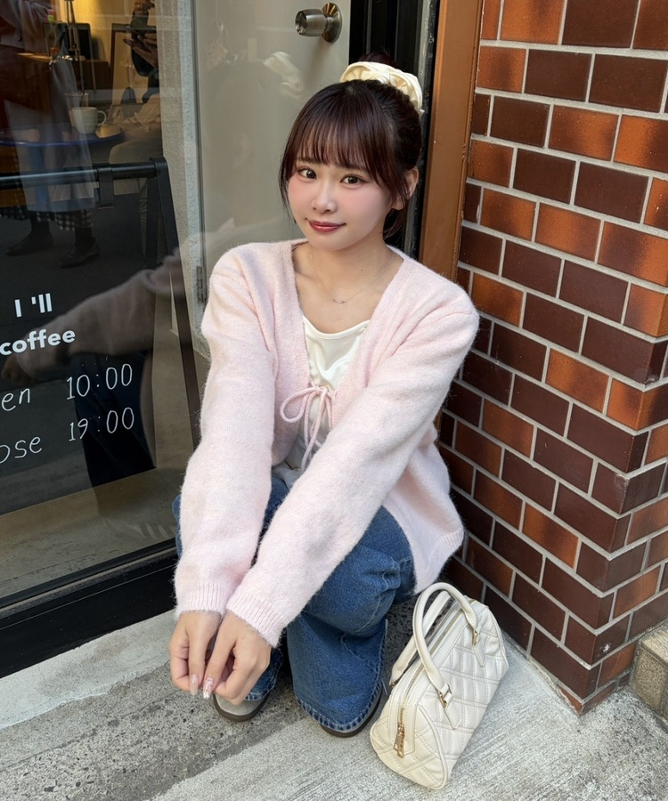 니트 리본 가디건 핑크