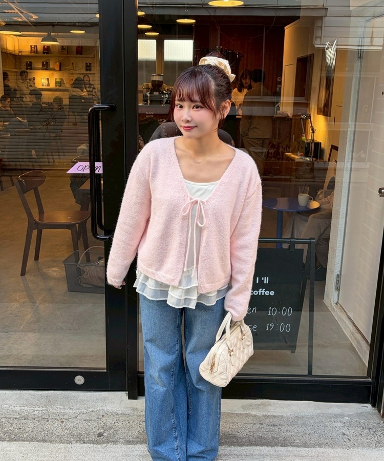 니트 리본 가디건 핑크