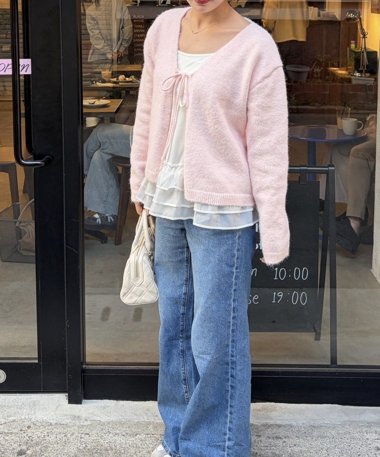 니트 리본 가디건 핑크