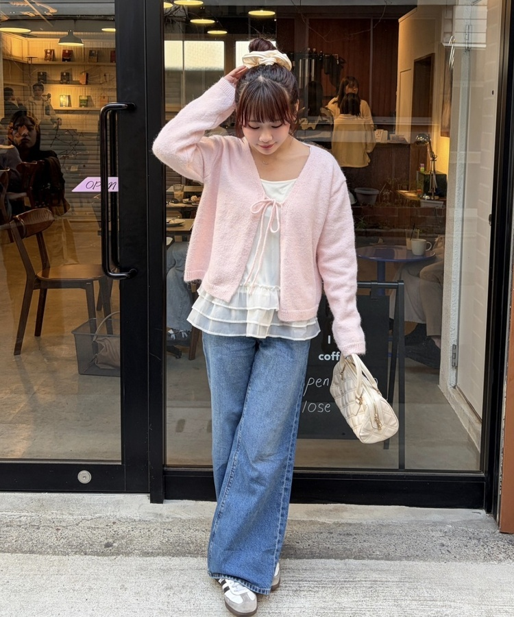 니트 리본 가디건 핑크