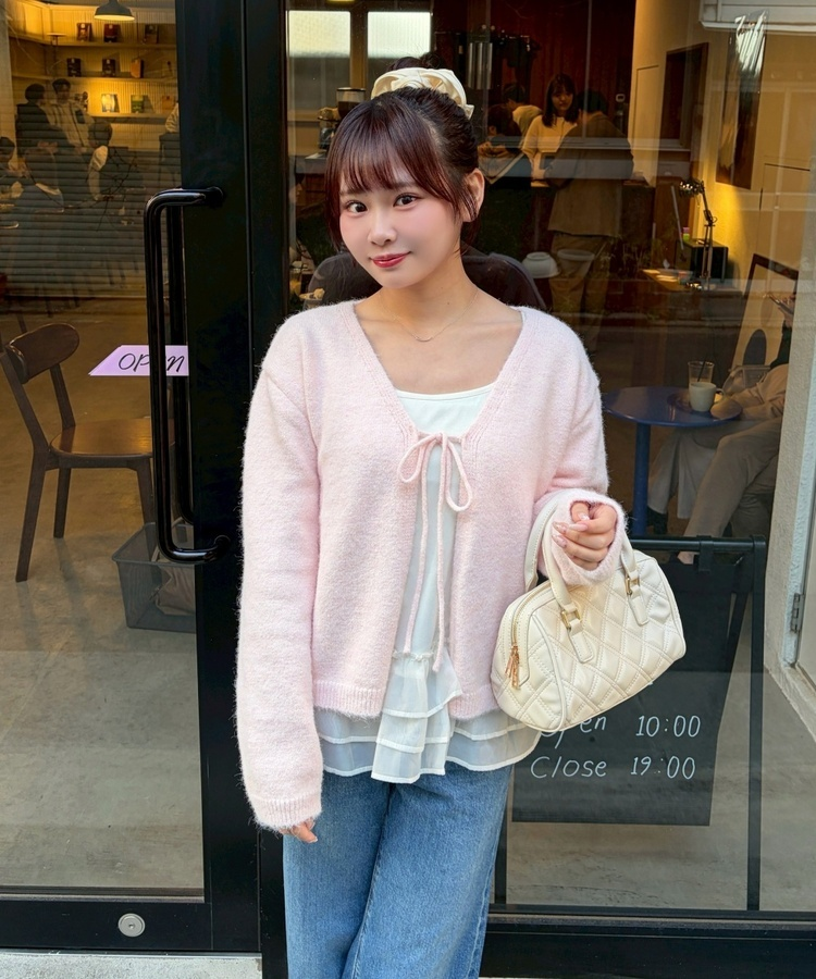 니트 리본 가디건 핑크