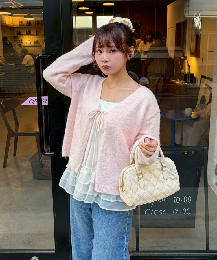 니트 리본 가디건 핑크