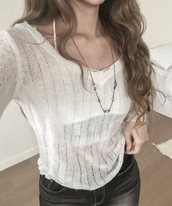 シースルーリブVネックニット(5color) WHITE