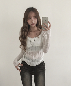 シースルーリブVネックニット(5color) WHITE