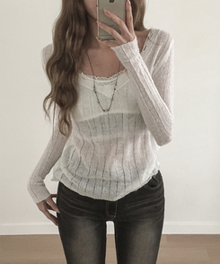 シースルーリブVネックニット(5color) WHITE