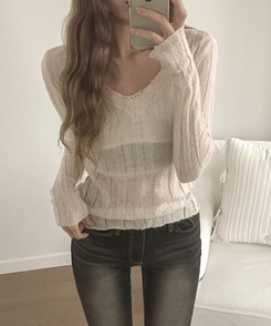 シースルーリブVネックニット(5color) LIGHT BEIGE