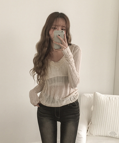 シースルーリブVネックニット(5color) LIGHT BEIGE