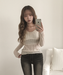 シースルーリブVネックニット(5color) LIGHT BEIGE