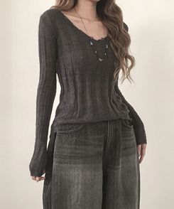 シースルーリブVネックニット(5color) DARK GRAY