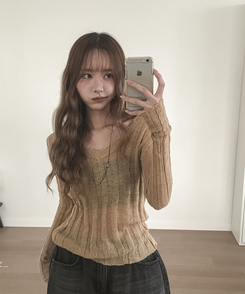 シースルーリブVネックニット(5color) BROWN