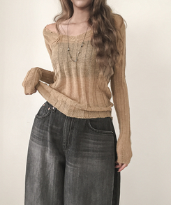 シースルーリブVネックニット(5color) BROWN