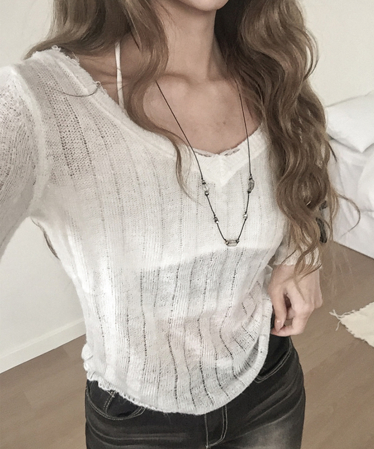シースルーリブVネックニット(5color) WHITE