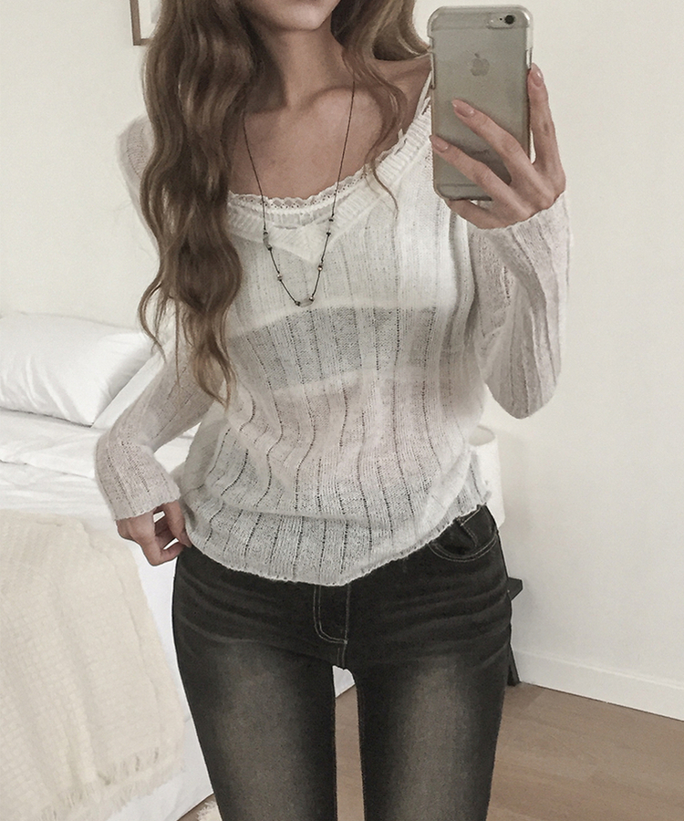 シースルーリブVネックニット(5color) WHITE