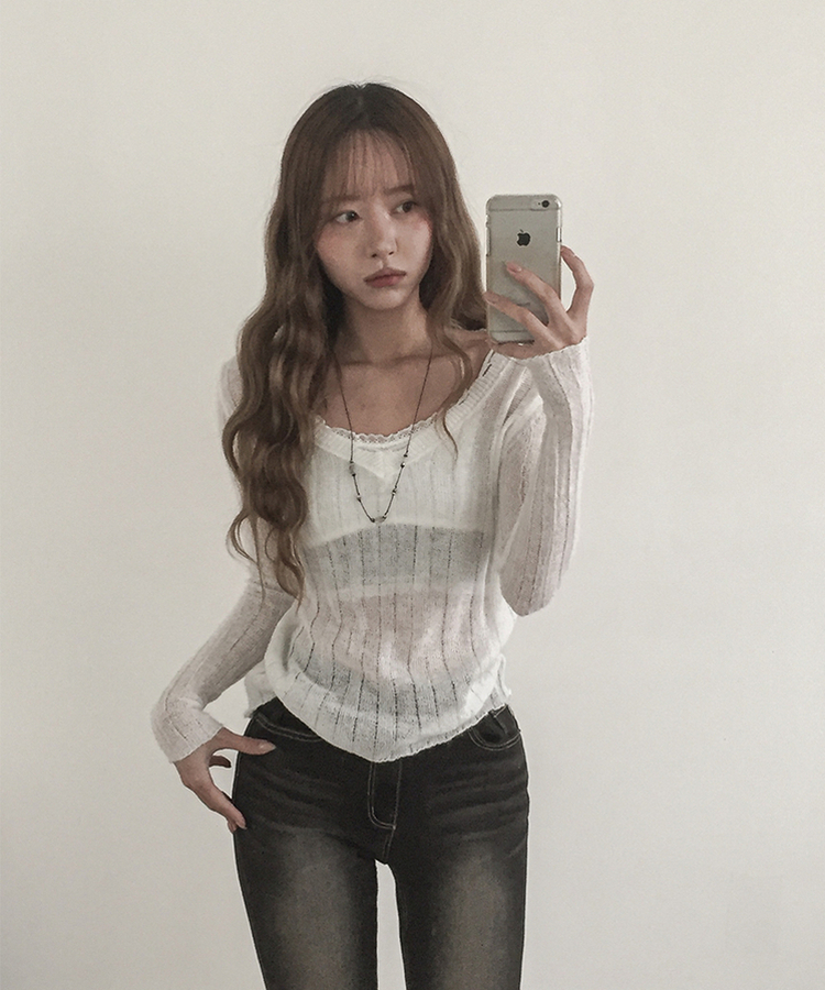 シースルーリブVネックニット(5color) WHITE