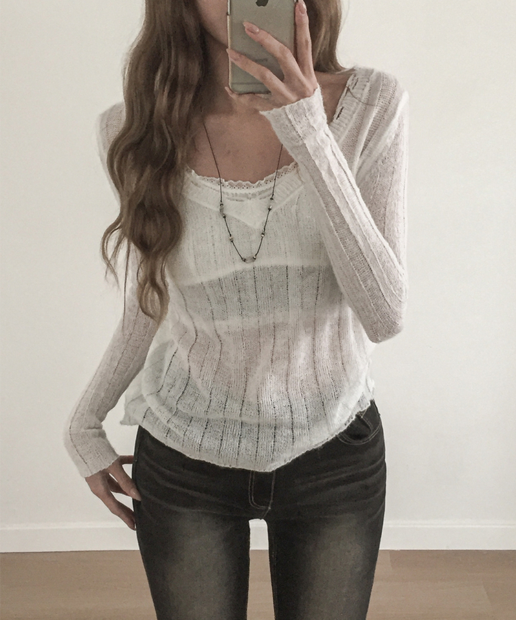 シースルーリブVネックニット(5color) WHITE