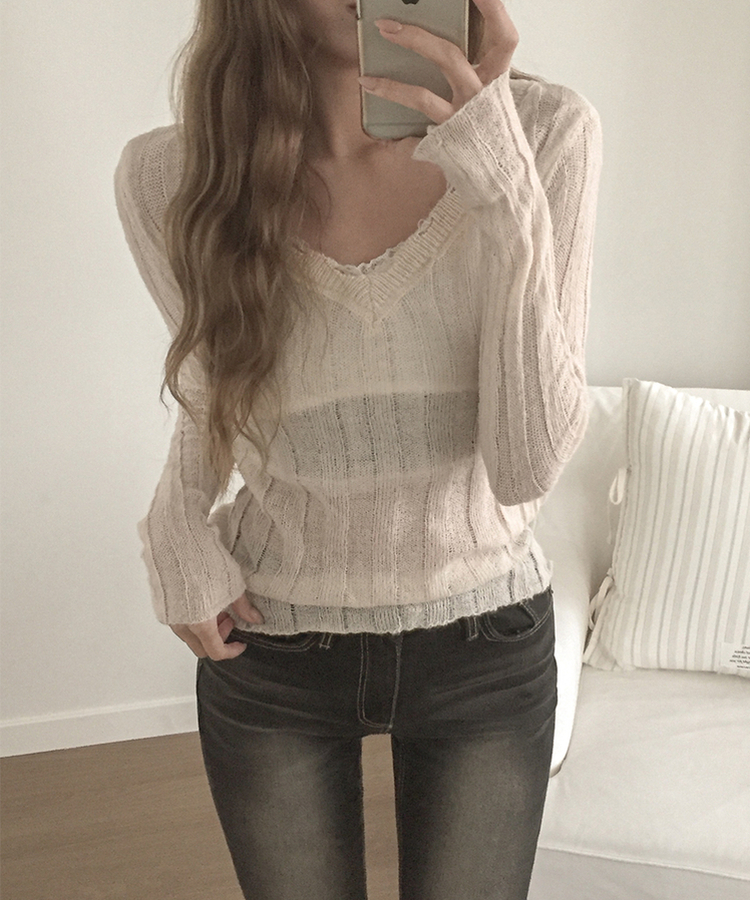 シースルーリブVネックニット(5color) LIGHT BEIGE