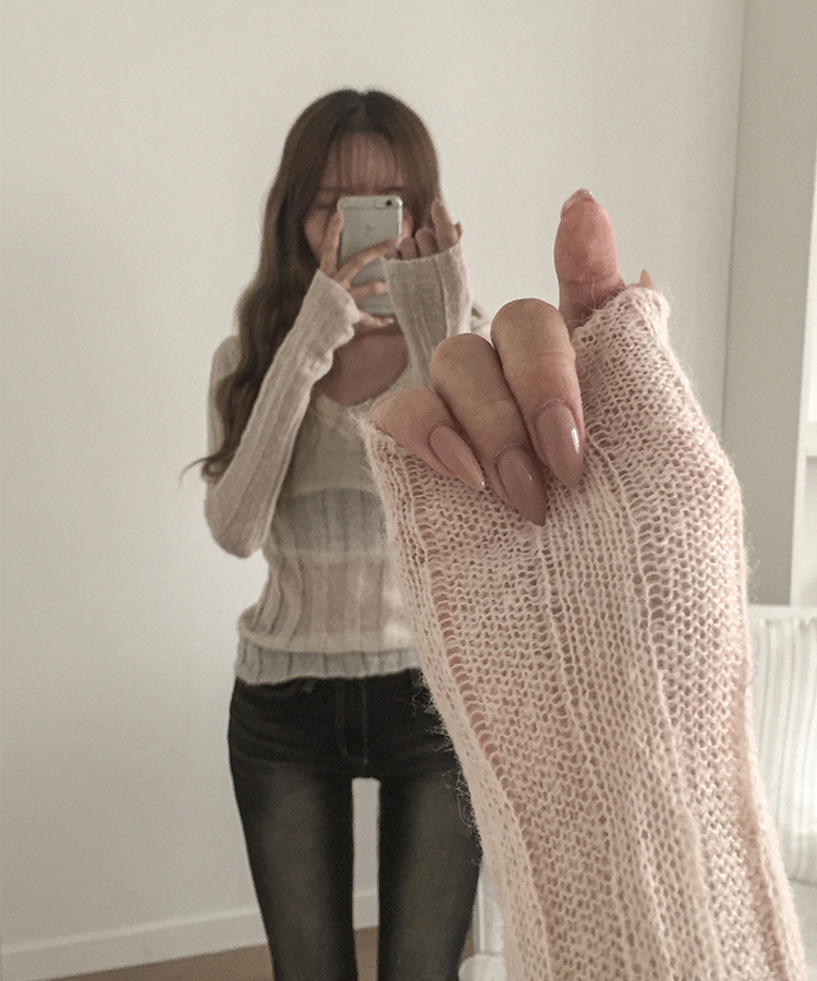 シースルーリブVネックニット(5color) LIGHT BEIGE