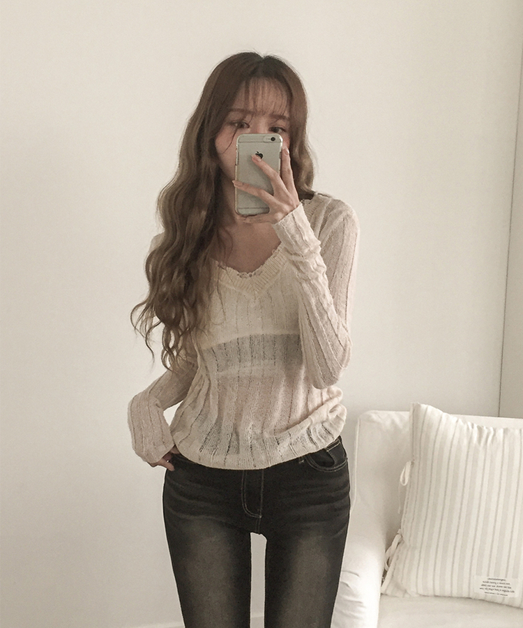 シースルーリブVネックニット(5color) LIGHT BEIGE