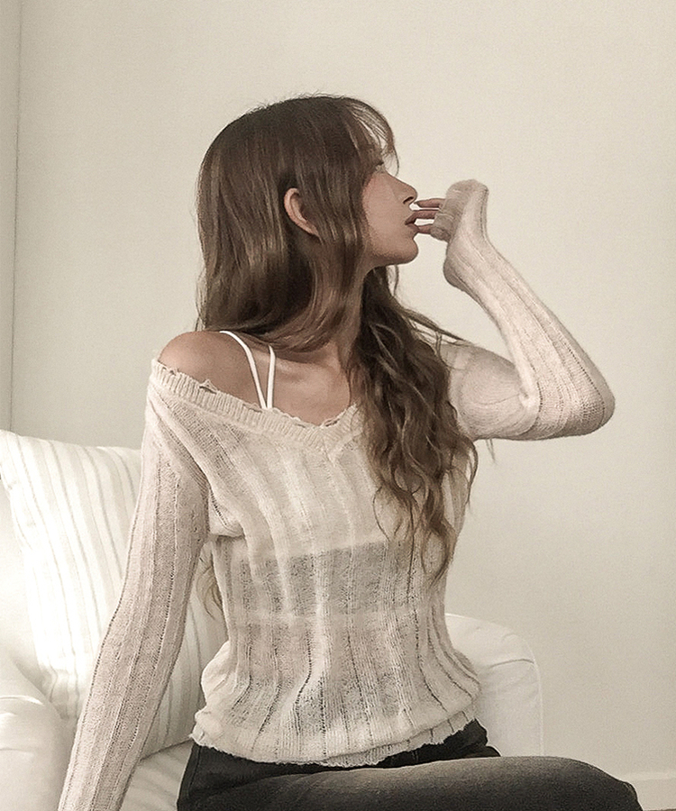 シースルーリブVネックニット(5color) LIGHT BEIGE