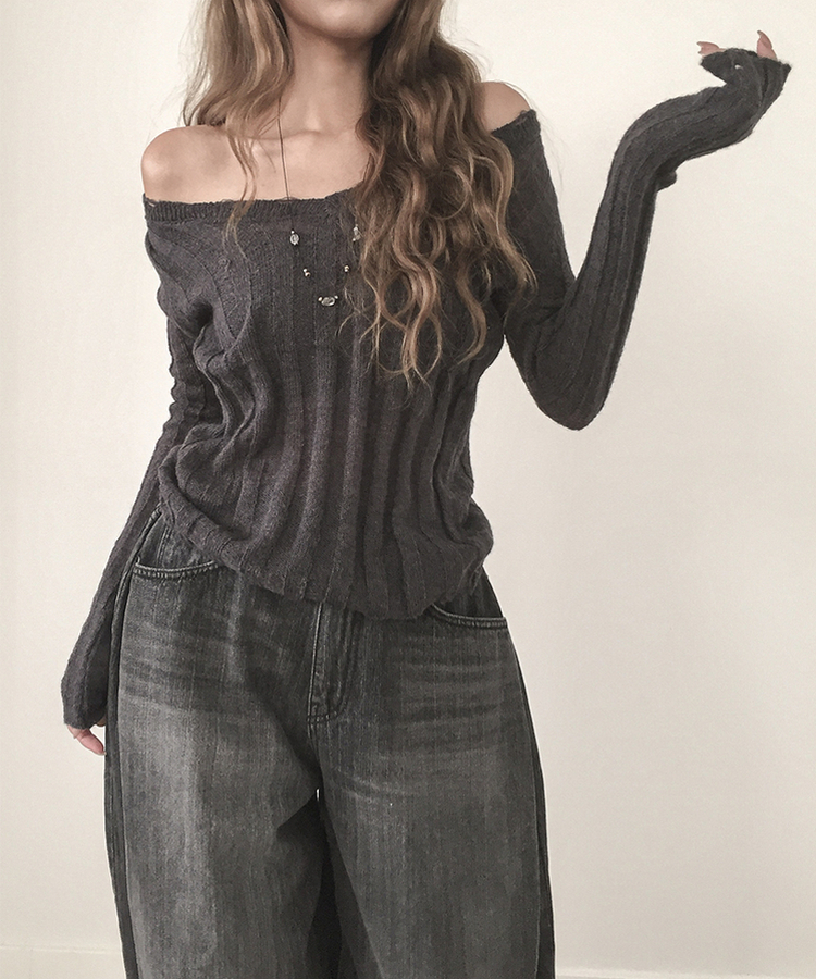 シースルーリブVネックニット(5color) DARK GRAY