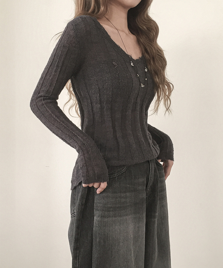 シースルーリブVネックニット(5color) DARK GRAY