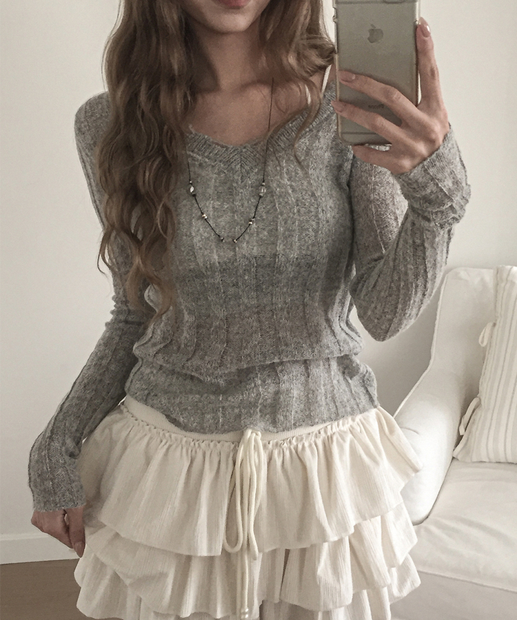 シースルーリブVネックニット(5color) LIGHT GREY