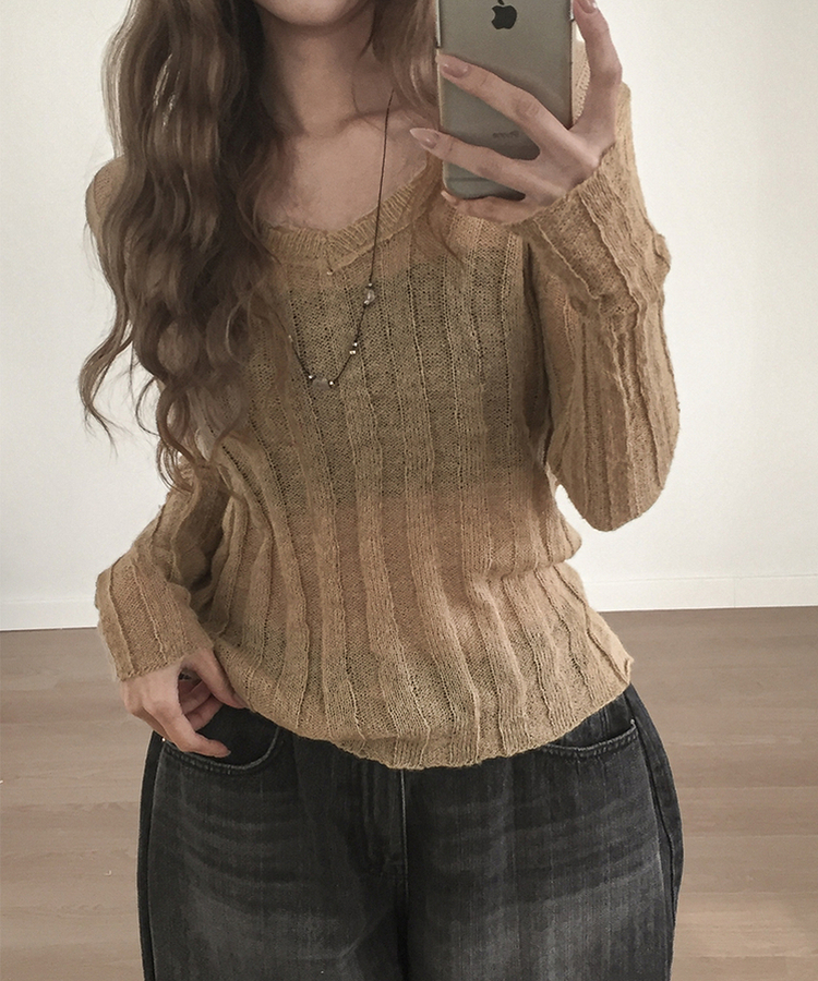 シースルーリブVネックニット(5color) BROWN