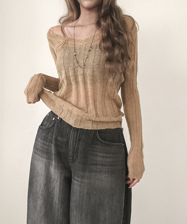 シースルーリブVネックニット(5color) BROWN