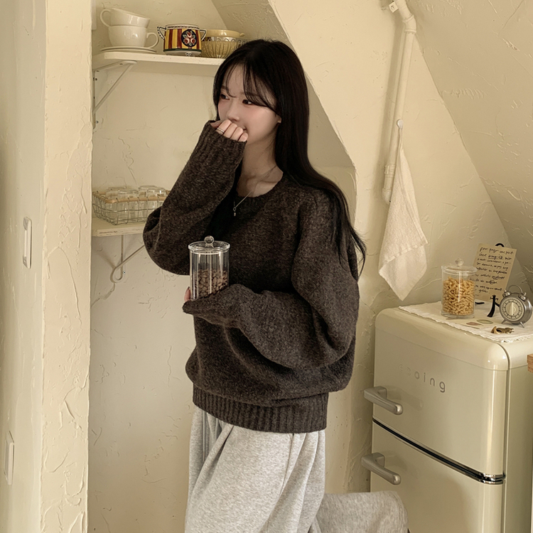 시보리 짱짱한 왕도톰 오버핏 무지 울 아방핏 라운드니트 딥브라운