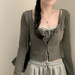 태리 잔꽃 나시 민소매 콩단추 크롭 라운드넥 가디건 세트 투피스 봄 봄옷 플라워 벚꽃 가을 가을옷 모리걸 차콜