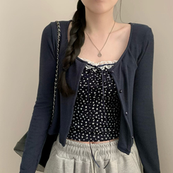 태리 잔꽃 나시 민소매 콩단추 크롭 라운드넥 가디건 세트 투피스 봄 봄옷 플라워 벚꽃 가을 가을옷 모리걸 네이비