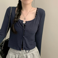 태리 잔꽃 나시 민소매 콩단추 크롭 라운드넥 가디건 세트 투피스 봄 봄옷 플라워 벚꽃 가을 가을옷 모리걸 네이비