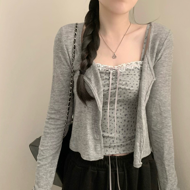 태리 잔꽃 나시 민소매 콩단추 크롭 라운드넥 가디건 세트 투피스 봄 봄옷 플라워 벚꽃 가을 가을옷 모리걸 그레이