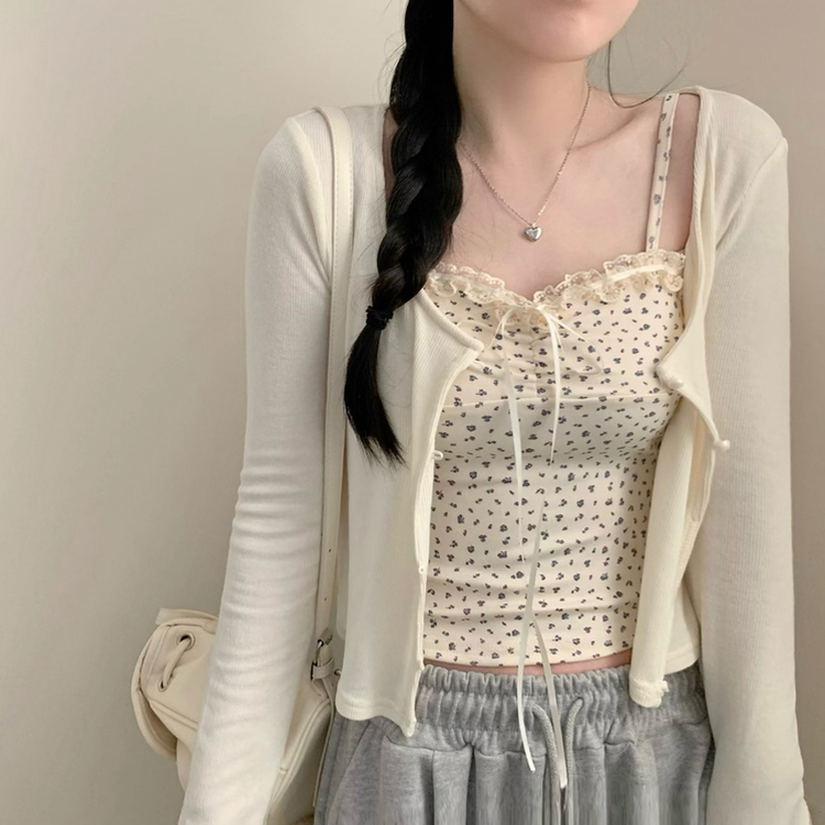 태리 잔꽃 나시 민소매 콩단추 크롭 라운드넥 가디건 세트 투피스 봄 봄옷 플라워 벚꽃 가을 가을옷 모리걸 아이보리