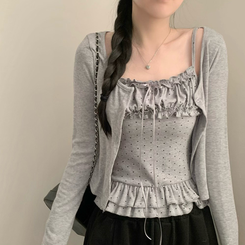 엘라 도트 캉캉 나시 크롭 긴팔 라운드넥 가디건 세트 투피스 봄 봄옷 벚꽃 모리걸 걸코어 봄 봄옷 가을 가을옷 땡땡이 그레이