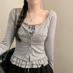 엘라 도트 캉캉 나시 크롭 긴팔 라운드넥 가디건 세트 투피스 봄 봄옷 벚꽃 모리걸 걸코어 봄 봄옷 가을 가을옷 땡땡이 그레이