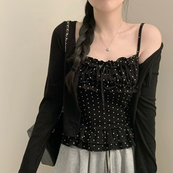 엘라 도트 캉캉 나시 크롭 긴팔 라운드넥 가디건 세트 투피스 봄 봄옷 벚꽃 모리걸 걸코어 봄 봄옷 가을 가을옷 땡땡이 블랙