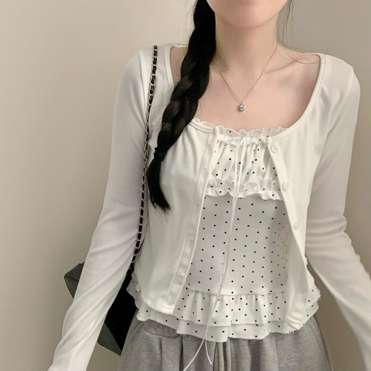 엘라 도트 캉캉 나시 크롭 긴팔 라운드넥 가디건 세트 투피스 봄 봄옷 벚꽃 모리걸 걸코어 봄 봄옷 가을 가을옷 땡땡이 화이트