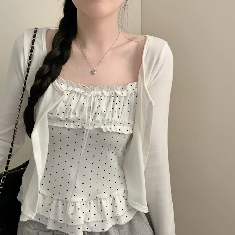 엘라 도트 캉캉 나시 크롭 긴팔 라운드넥 가디건 세트 투피스 봄 봄옷 벚꽃 모리걸 걸코어 봄 봄옷 가을 가을옷 땡땡이 화이트