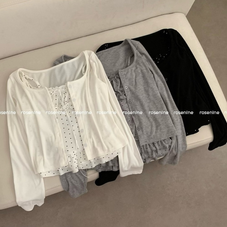 엘라 도트 캉캉 나시 크롭 긴팔 라운드넥 가디건 세트 투피스 봄 봄옷 벚꽃 모리걸 걸코어 봄 봄옷 가을 가을옷 땡땡이