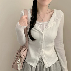 메리 레이스 리본 골지 상의 가디건 트임 허리잘록 셔링 레이어드 긴팔티 티셔츠 가디건 벚꽃 봄옷 봄 화이트