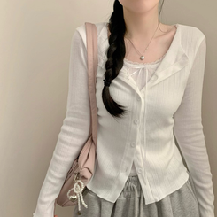 메리 레이스 리본 골지 상의 가디건 트임 허리잘록 셔링 레이어드 긴팔티 티셔츠 가디건 벚꽃 봄옷 봄 화이트