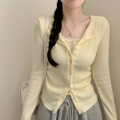 메리 레이스 리본 골지 상의 가디건 트임 허리잘록 셔링 레이어드 긴팔티 티셔츠 가디건 벚꽃 봄옷 봄 옐로우