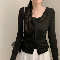 메리 레이스 리본 골지 상의 가디건 트임 허리잘록 셔링 레이어드 긴팔티 티셔츠 가디건 벚꽃 봄옷 봄 블랙