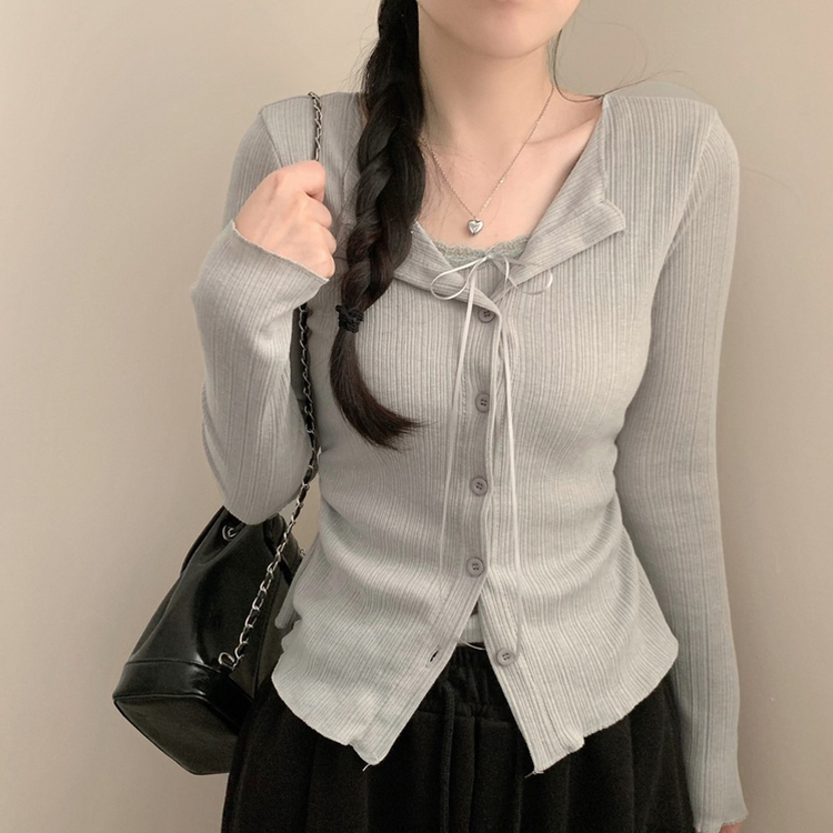 메리 레이스 리본 골지 상의 가디건 트임 허리잘록 셔링 레이어드 긴팔티 티셔츠 가디건 벚꽃 봄옷 봄 그레이