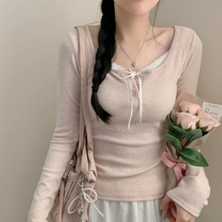 힐링 레이스 레이어드 상의 긴팔티 티셔츠 롱슬리브 모리걸 걸코어 여리 청순 봄 봄옷 가을 가을옷 벚꽃 데이트 리본 핑크