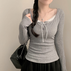 힐링 레이스 레이어드 상의 긴팔티 티셔츠 롱슬리브 모리걸 걸코어 여리 청순 봄 봄옷 가을 가을옷 벚꽃 데이트 리본 그레이