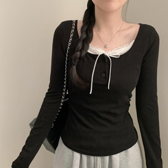 힐링 레이스 레이어드 상의 긴팔티 티셔츠 롱슬리브 모리걸 걸코어 여리 청순 봄 봄옷 가을 가을옷 벚꽃 데이트 리본 블랙